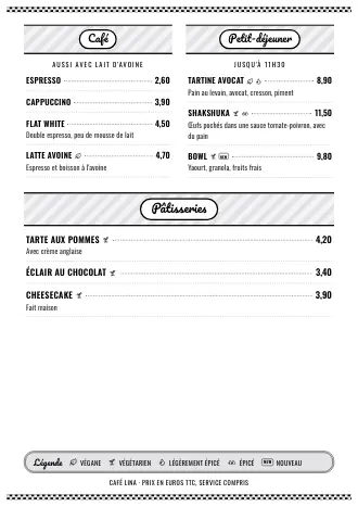 Carte A4 de Café Lina en style « Diner années 50 », prête à imprimer