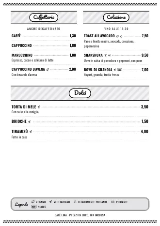 Menu A4 di Café Lina in stile “Diner anni '50”, pronto da stampare