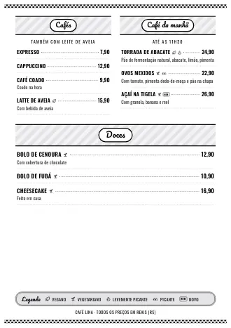 Cardápio A4 do Café Lina no estilo “Lanchonete anos 50”, pronto para imprimir