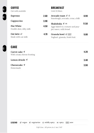 Café menu template “Side list” with dishes and prices