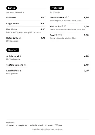 A4-Speisekarte von Café Lina im Stil „Kategorie-Knöpfe“ zum Ausdrucken