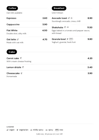 A4 menu of Café Lina in the “Category buttons” style, ready to print