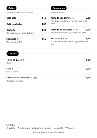 Carta A4 de Café Lina con el estilo «Botones de categoría», lista para imprimir