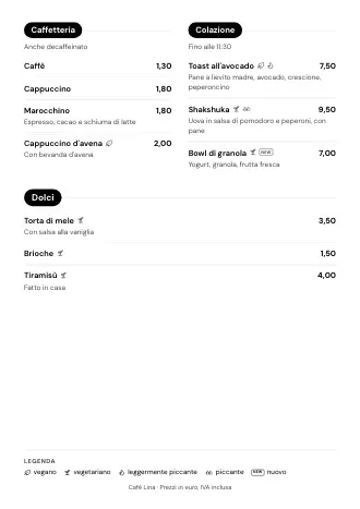 Menu A4 di Café Lina in stile “Pulsanti categoria”, pronto da stampare