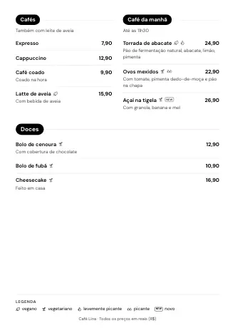 Cardápio A4 do Café Lina no estilo “Botões de categoria”, pronto para imprimir