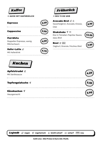 A4-Speisekarte von Café Lina im Stil „Streetfood“ zum Ausdrucken