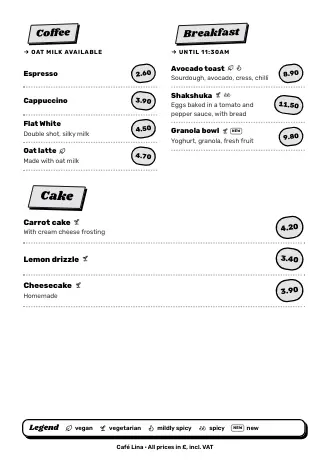A4 menu of Café Lina in the “Street food” style, ready to print