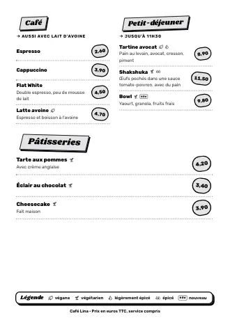 Carte A4 de Café Lina en style « Street food », prête à imprimer
