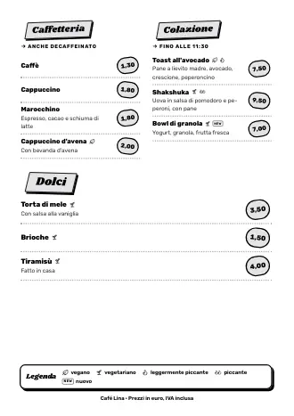 Menu A4 di Café Lina in stile “Street food”, pronto da stampare