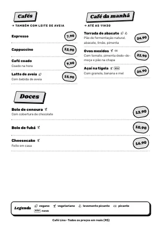 Cardápio A4 do Café Lina no estilo “Comida de rua”, pronto para imprimir