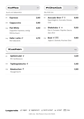 A4-Speisekarte von Café Lina im Stil „Seite für Seite“ zum Ausdrucken