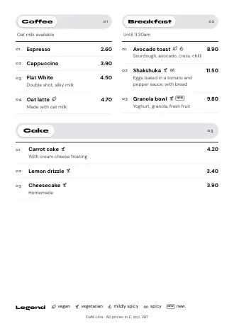 A4 menu of Café Lina in the “Page by page” style, ready to print