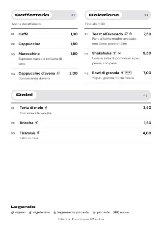 Menu A4 di Café Lina in stile “Pagina per pagina”, pronto da stampare