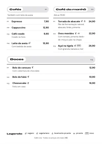 Cardápio A4 do Café Lina no estilo “Página por página”, pronto para imprimir