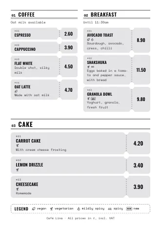 Café menu template “Tickets” with dishes and prices