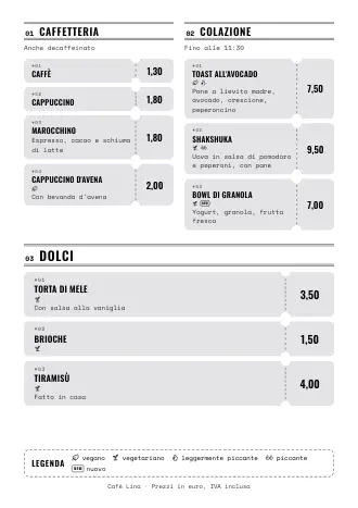 Modello di menu “Biglietti” con piatti e prezzi
