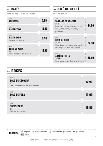 Cardápio pronto no estilo “Ingressos” com pratos e preços