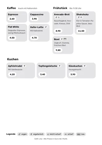 Menükarte Vorlage „Kacheln“ mit Gerichten und Preisen