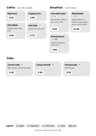 Café menu template “Tiles” with dishes and prices