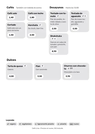 Plantilla de menú «Tarjetas» con platos y precios