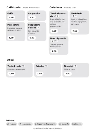 Modello di menu “Tessere” con piatti e prezzi