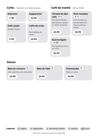 Cardápio pronto no estilo “Blocos” com pratos e preços