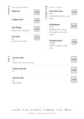 Café menu template “Zen” with dishes and prices