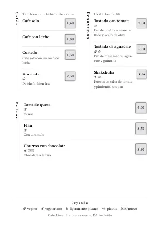 Plantilla de menú «Zen» con platos y precios