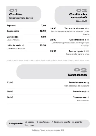 Cardápio pronto no estilo “Zigue-zague” com pratos e preços